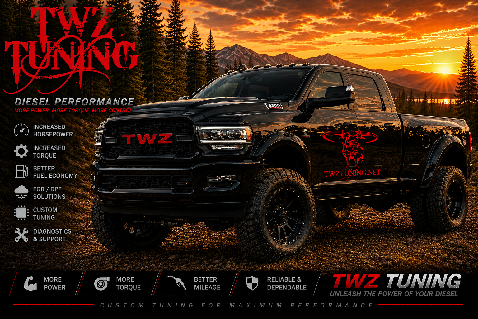 Black lifted Ram diesel truck with TWZ Tuning branding at sunset